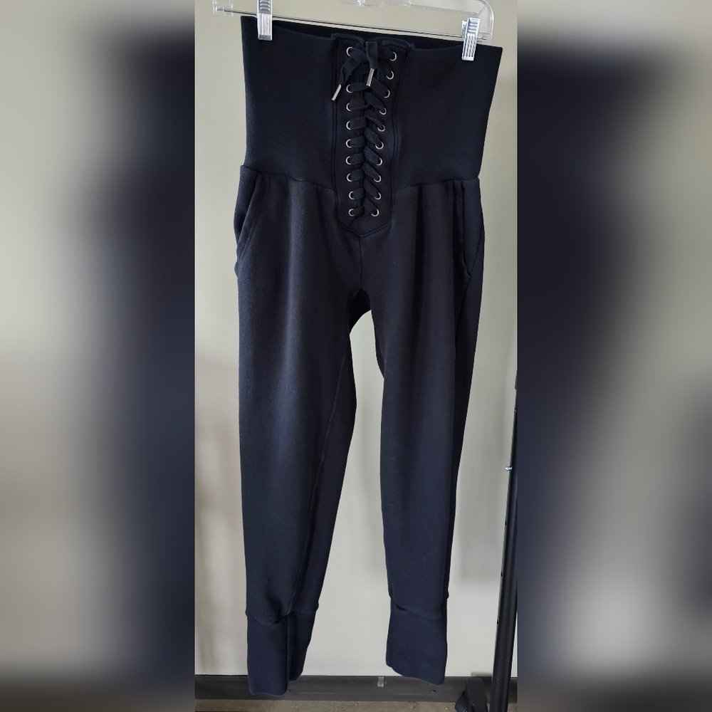 NSF Black Cotton French Terry High Waist Lace Up Corset Sweatpants Joggers Sz L